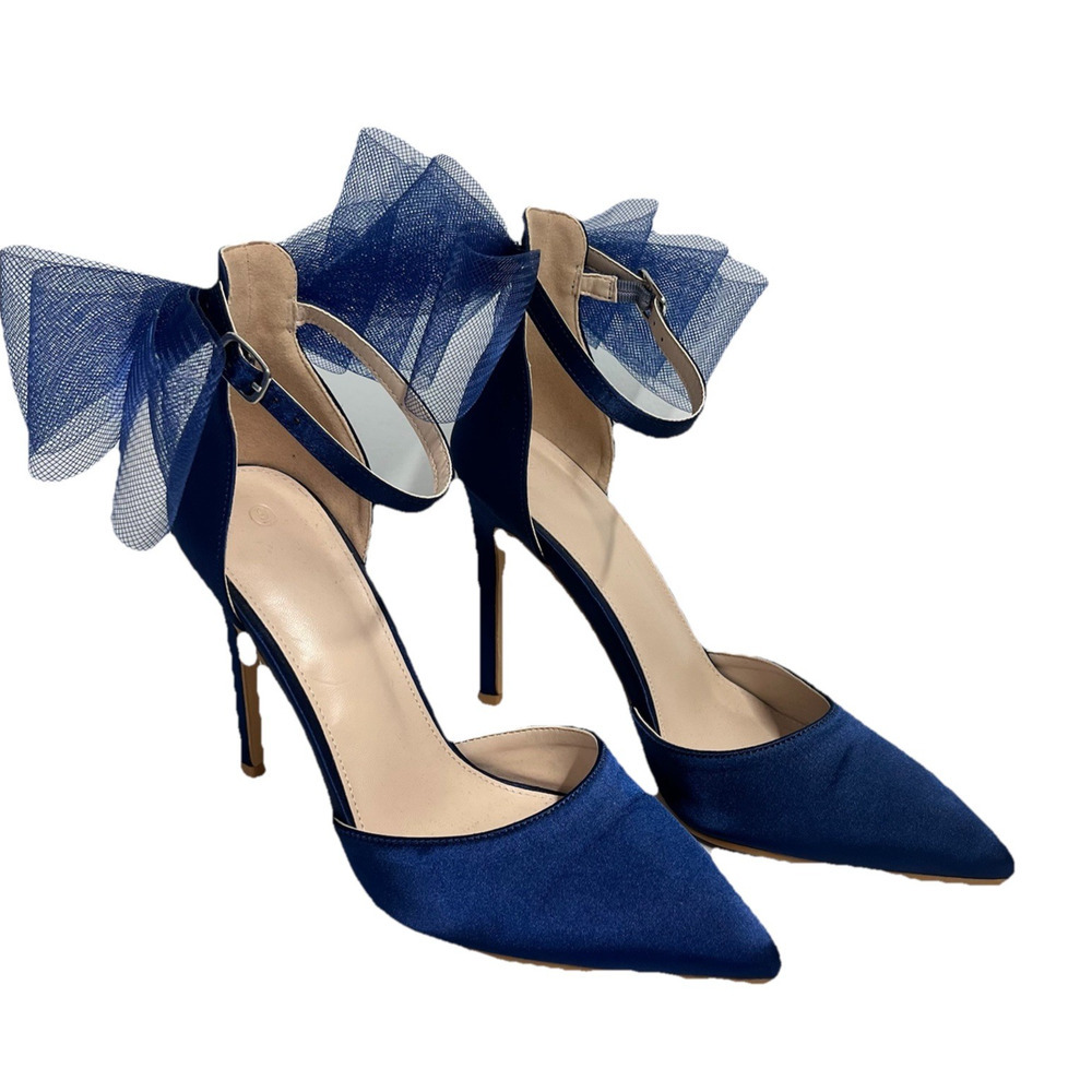 Navy Blue Satin Ultra High Heels Shoes size 9 Mesh Bow Prom Wedding Cocktail